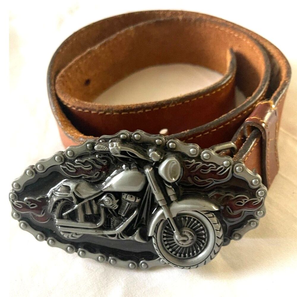 Vintage Leather Belt w/ Removable Motorcycle Belt Buckle Brown Size M 35" Long